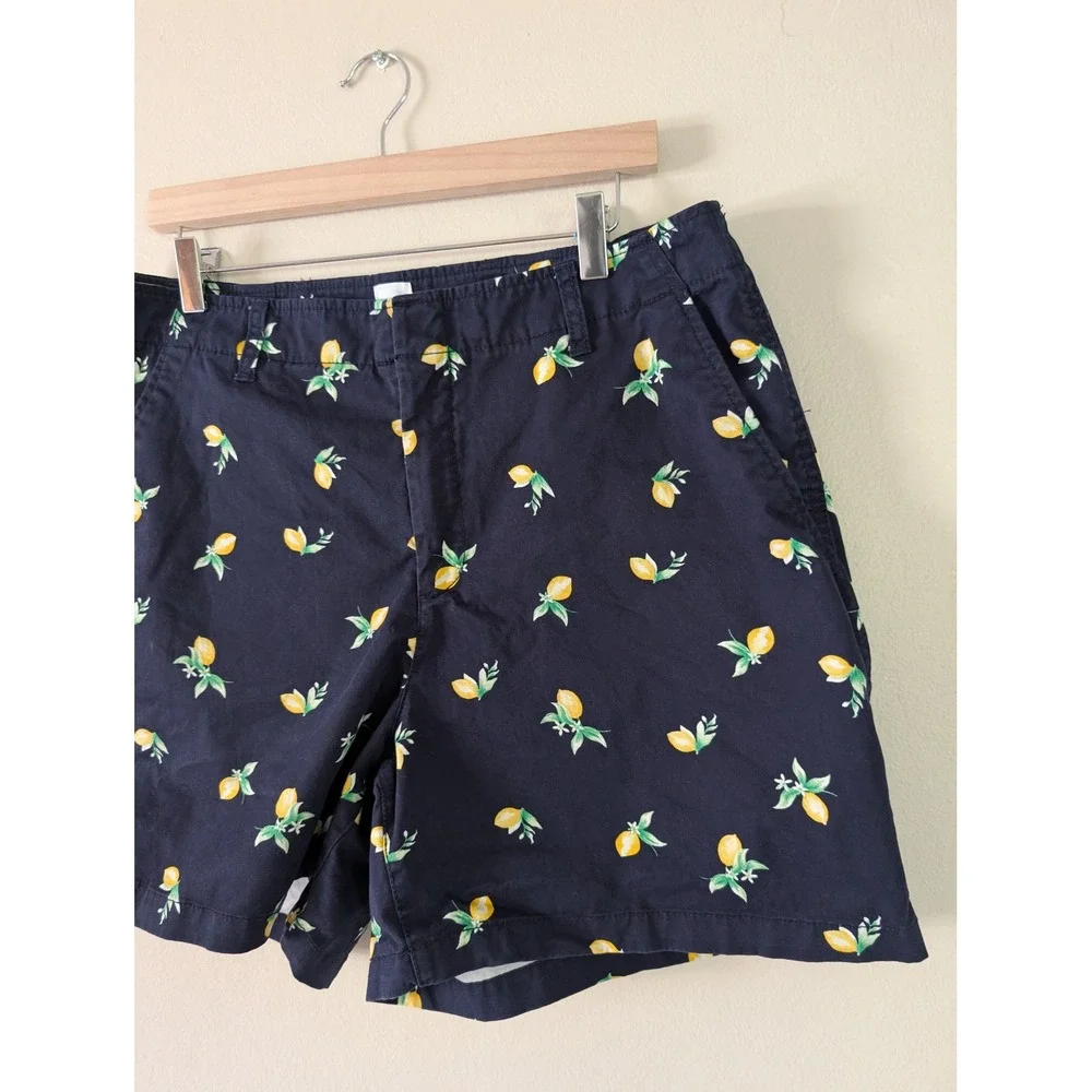 Gap Womens Navy Blue Lemon‎ Print Downtown Khaki Shorts 14 Tall Summer Preppy